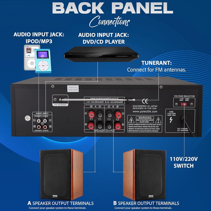 Pyle Wireless Bluetooth Power Amplifier System, 200 Watt Max, Home Theater Audio Stereo Receiver Box with FM/USB, Mic in, RCA Inputs, Echo & 2-Band EQ Control, Digital Display Screen - PT250BA - Image 3